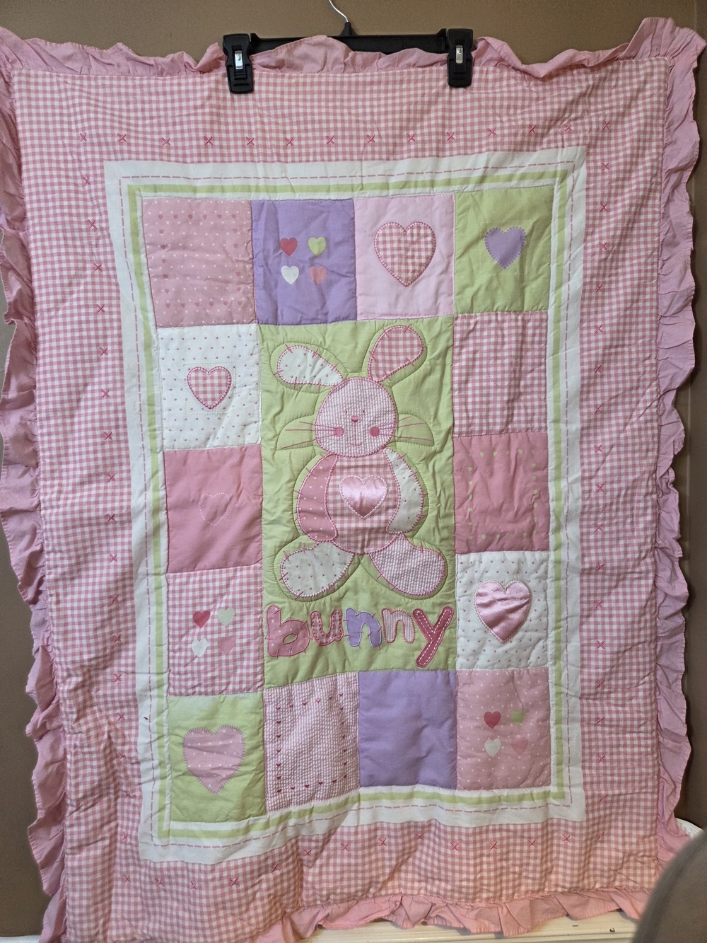 Baby Bunny Patchwork Quilt Crib Blanket & Crib Dust Ruffle - Pink Green Lavender